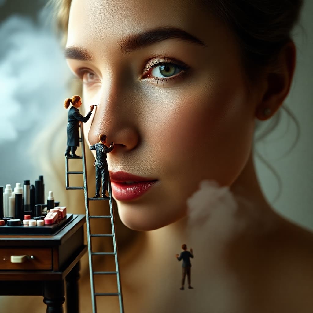 AI generated: A magical scene where tiny makeup artists are standing on a long miniature ladder, applying makeup t...