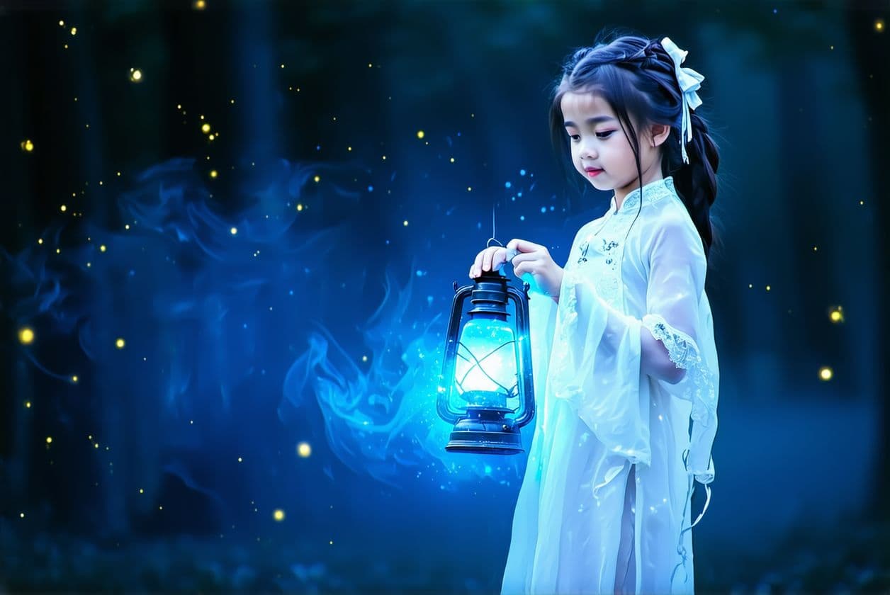 AI generated: Magical girl in a white dress robe holding mystical blue lantern lamp surrounded by glowing fireflie...