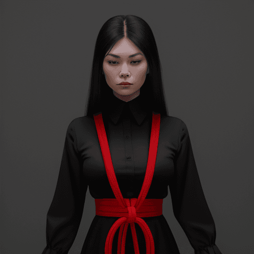 AI generated:  woman dressed in black and bonded with a red rope