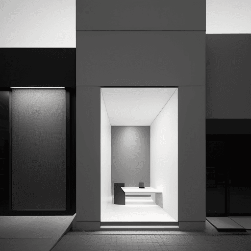 AI generated: minimalist store exterior, at dusk, the architecture should feature clean lines with a sophisticated...