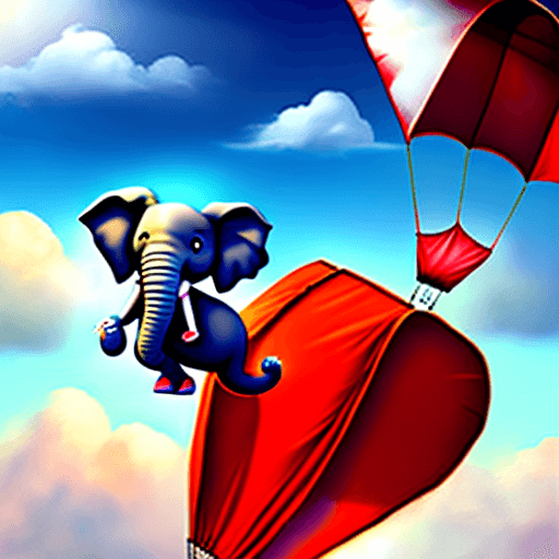 AI generated: Falling happy elephant attached to a red parachute amidst sunny clouds.
Style: photo realistic