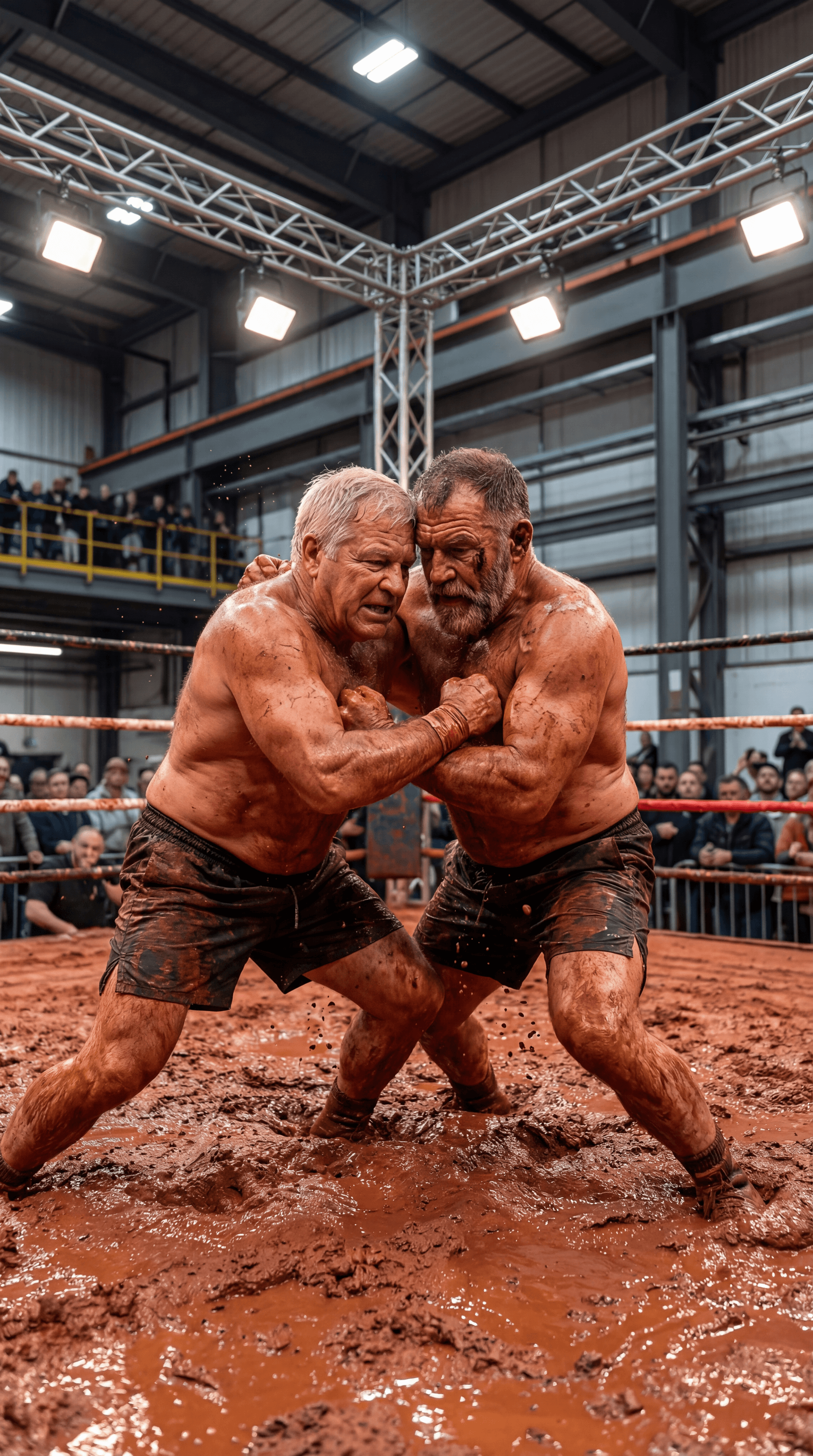 AI generated: REALISTIC SPORTS EVENT PHOTOGRAPH — INDOOR ARENA BOXING RING — RED CLAY MUD WRESTLING — VERTICAL 9:1...