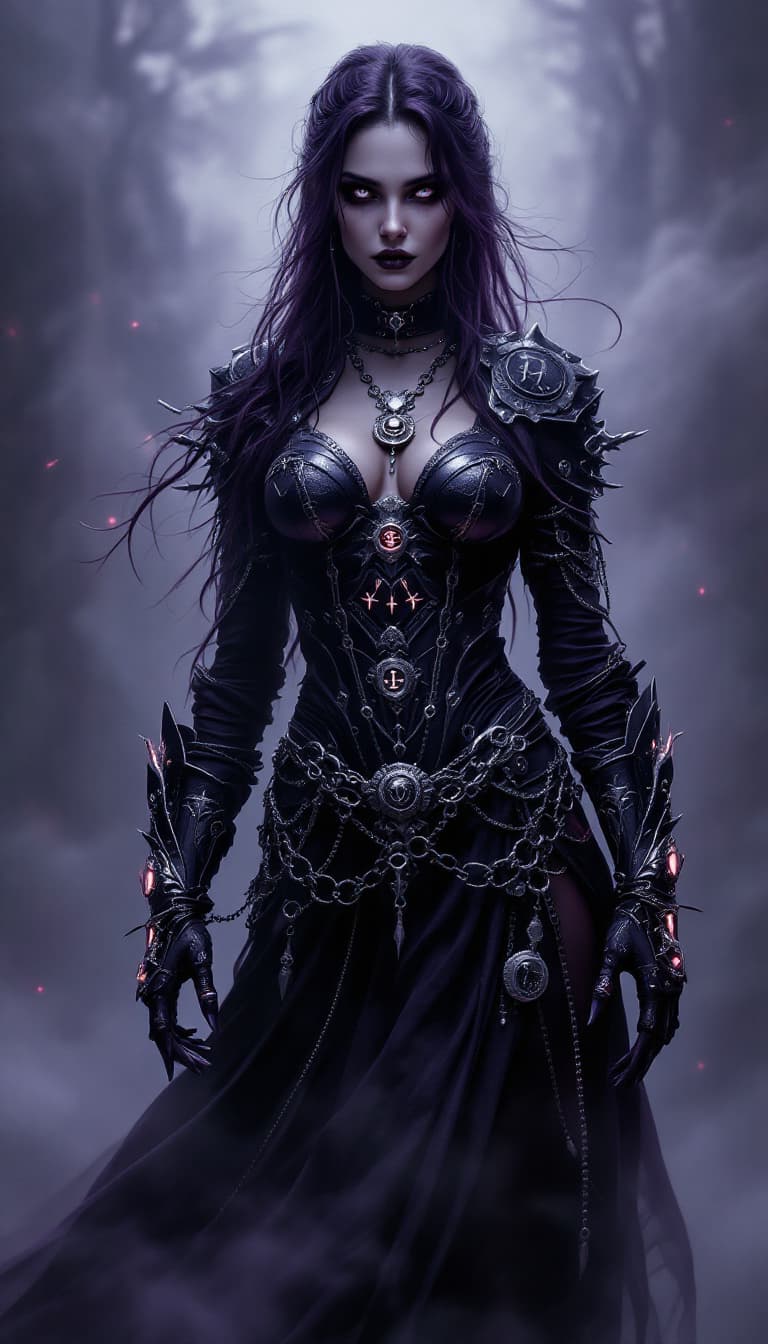 AI generated: An ultra-realistic, full-body portrait of a captivating gothic shadowmancer woman, radiating a dark ...