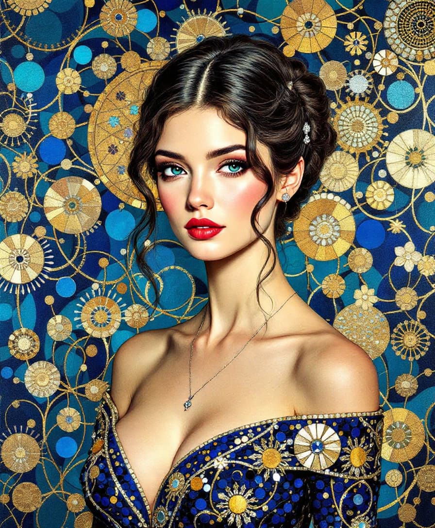 AI generated: Um retrato detalhado e artístico no estilo de Gustav Klimt, apresentando uma mulher com um penteado ...