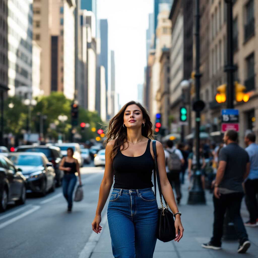 AI generated: 12K, HRD, 100 ASA, The image features a woman walking down a city street, wearing a black tank top a...