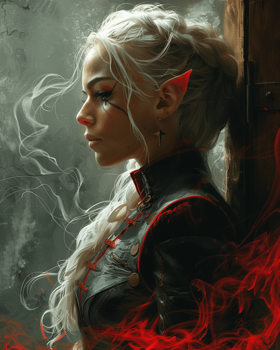 AI generated: A fantasy D&D illustration of an elf with long white hair and black , red smoke swirls around her he...