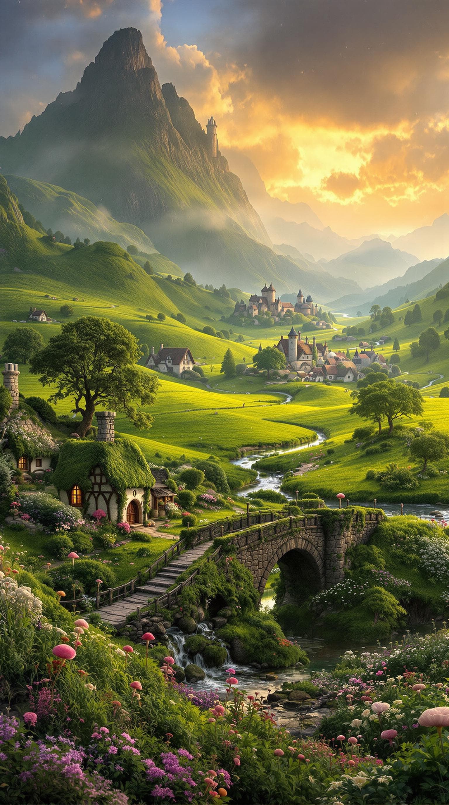 AI generated: Breathtaking panoramic view of a Scottish highlands inspired by Shrek's world; medieval fantasy land...