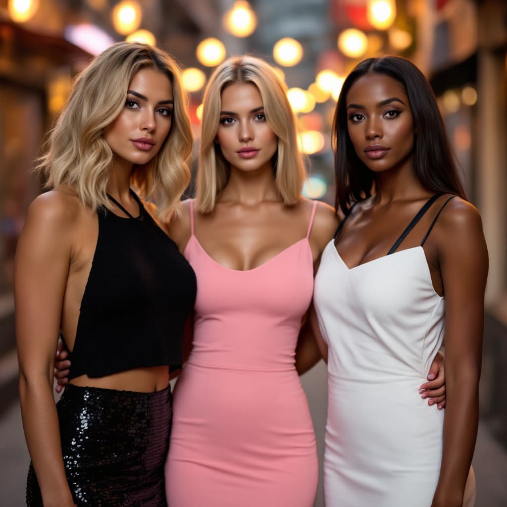 AI generated: Three women standing close together in an urban setting with warm lights in the background. The left...