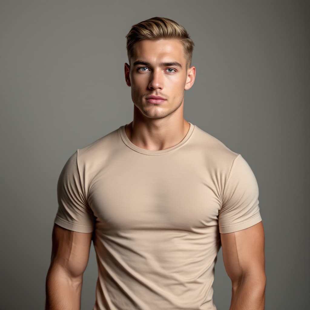 AI generated: Sharp photo of a blonde 25-year-old white American man, slicked-back short hair, defined jawline, mu...