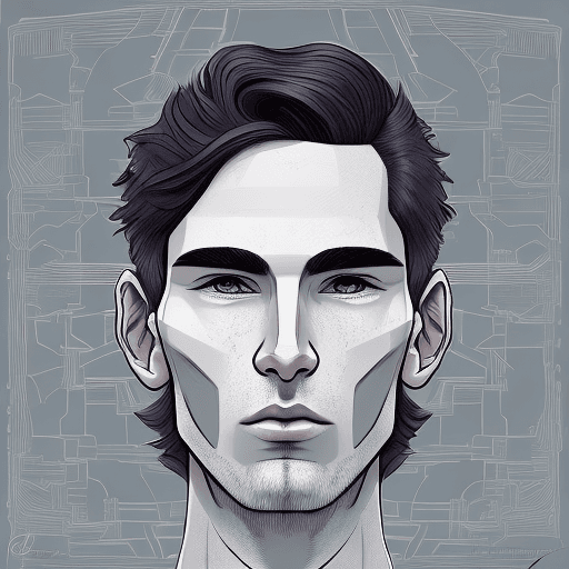 AI generated: young man with long face, with clean shaven short beard, with dark hair, without hat, without glasse...