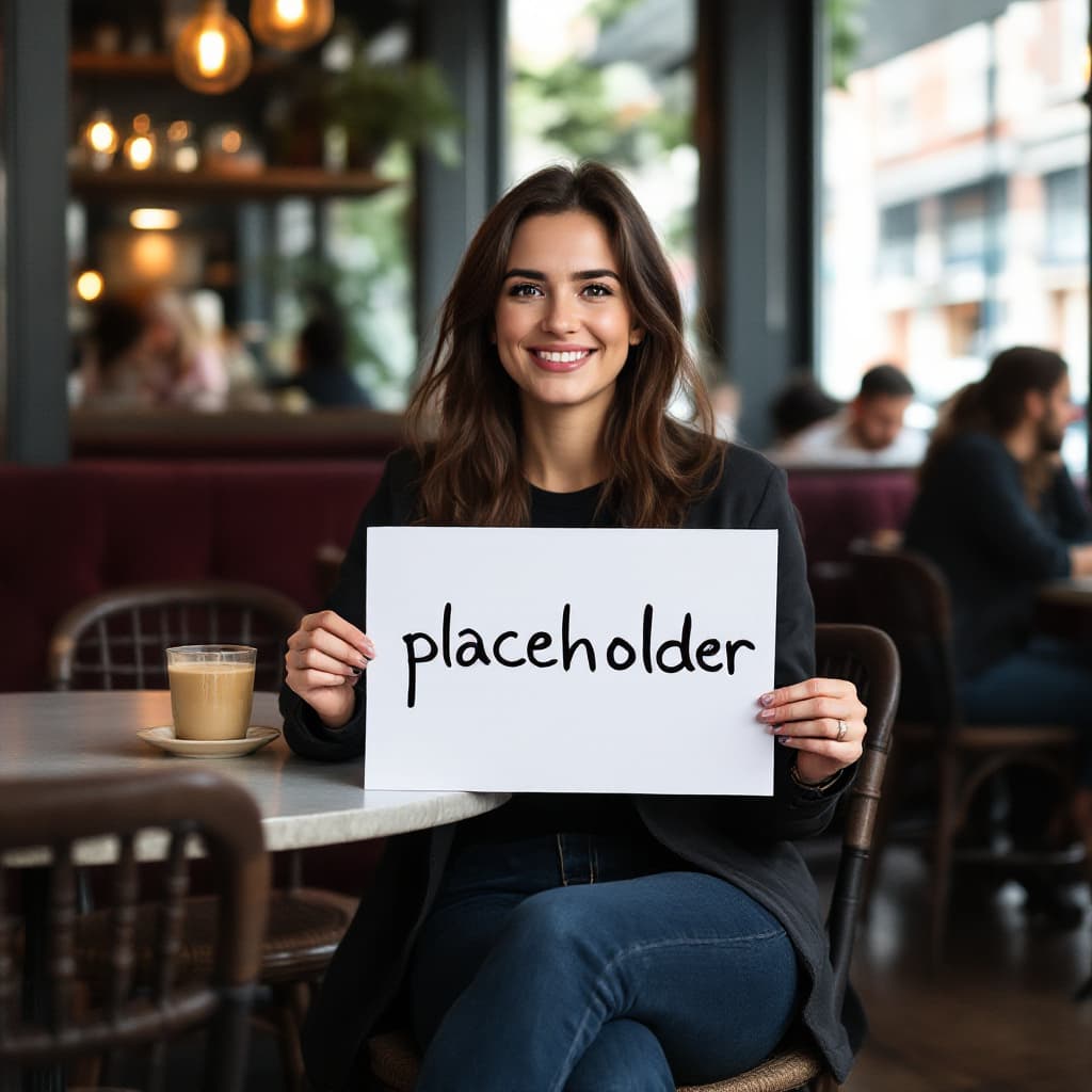AI generated: A woman sittning at a cafe holding a sign that says "placeholder". 
