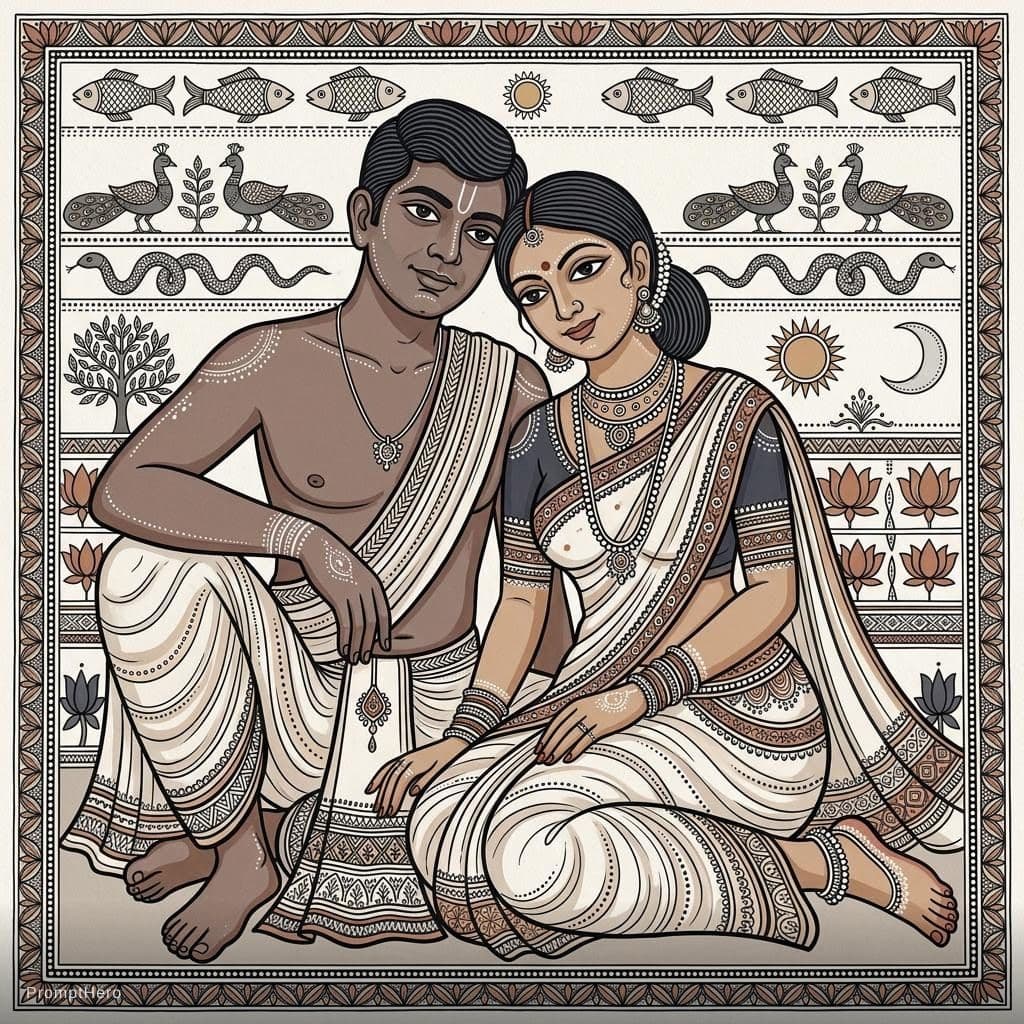 AI generated: Using the exact couple from the reference photo as the subjects, create an original Godna Madhubani-...