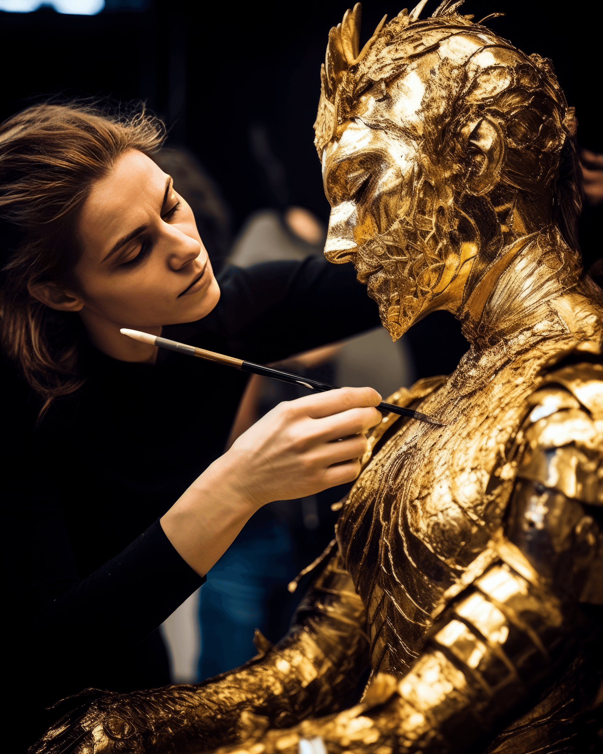 AI generated: a golden statue is in the process of being made and painted, in the style of stylish costume design,...