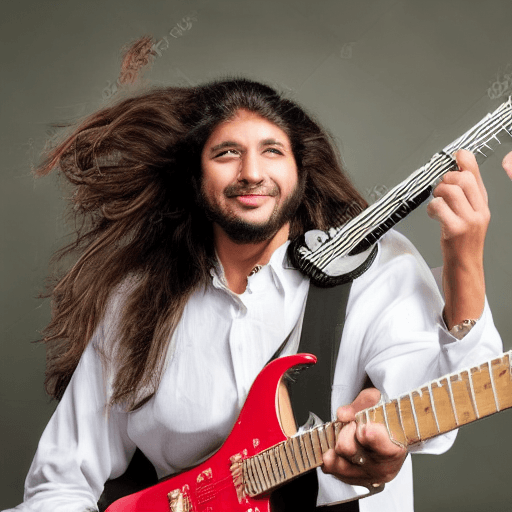 AI generated: long haired rocker latino man playing a flyng electric guitar