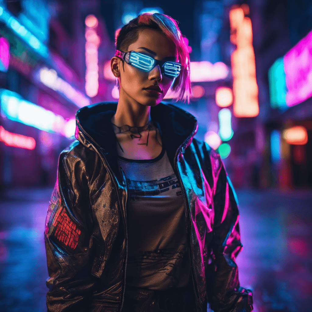 AI generated: A fierce 29-year-old cyberpunk hacker, adorned with neon cyber-enhancements, stands against a gritty...