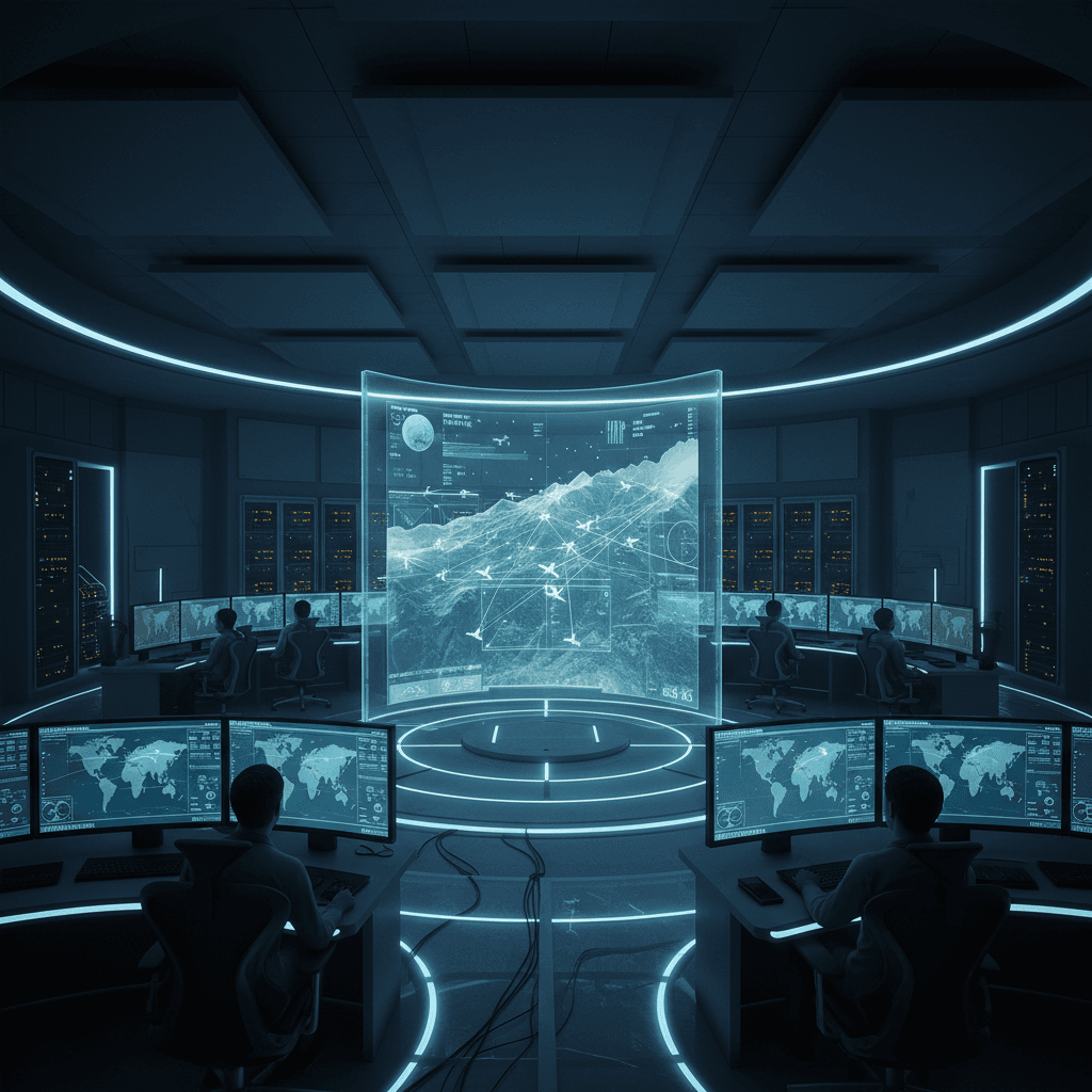 AI generated: A drone operations center — interior shot, glowing monitors tracking multiple UAVs in flight"