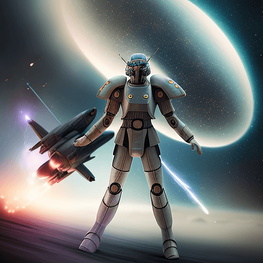 AI generated: Soft focus photography, giant pilot warrior, galactic battle, futurecore, --ar 9:16