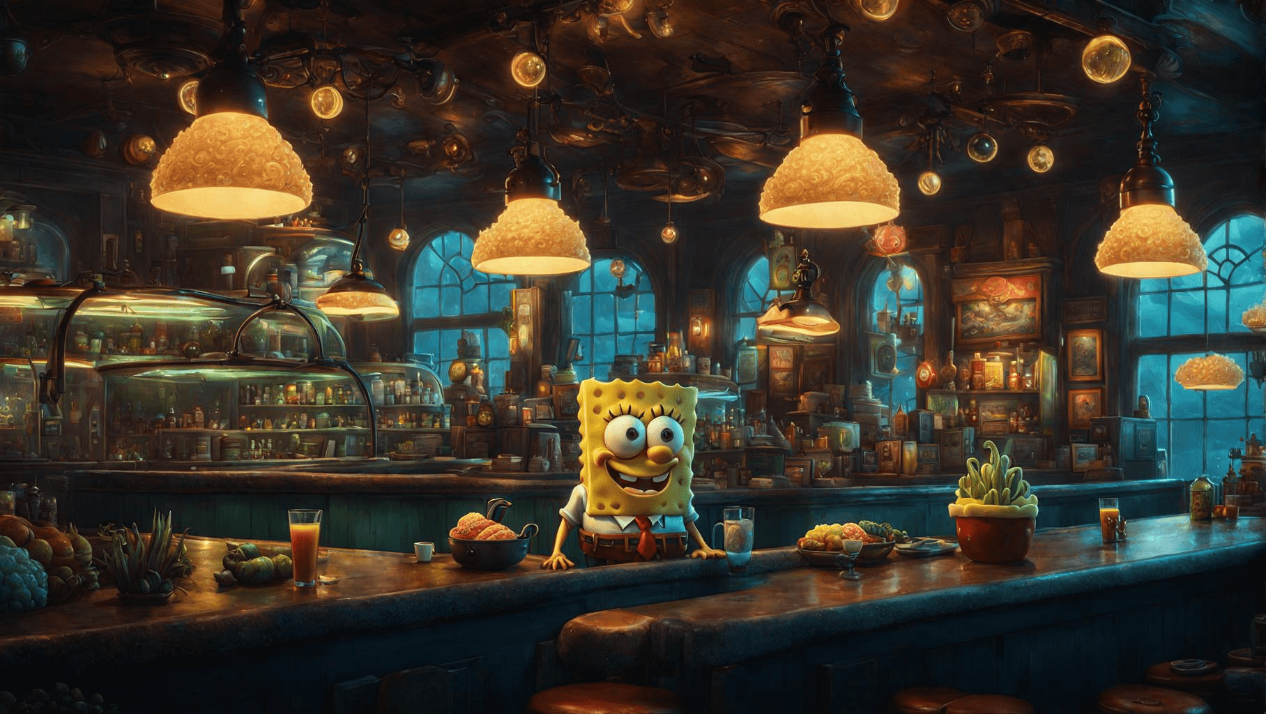 AI generated: Extremely detailed CG unity wallpaper, close up, an iconic Sponge Bob, eye contact, ((half-body shot...