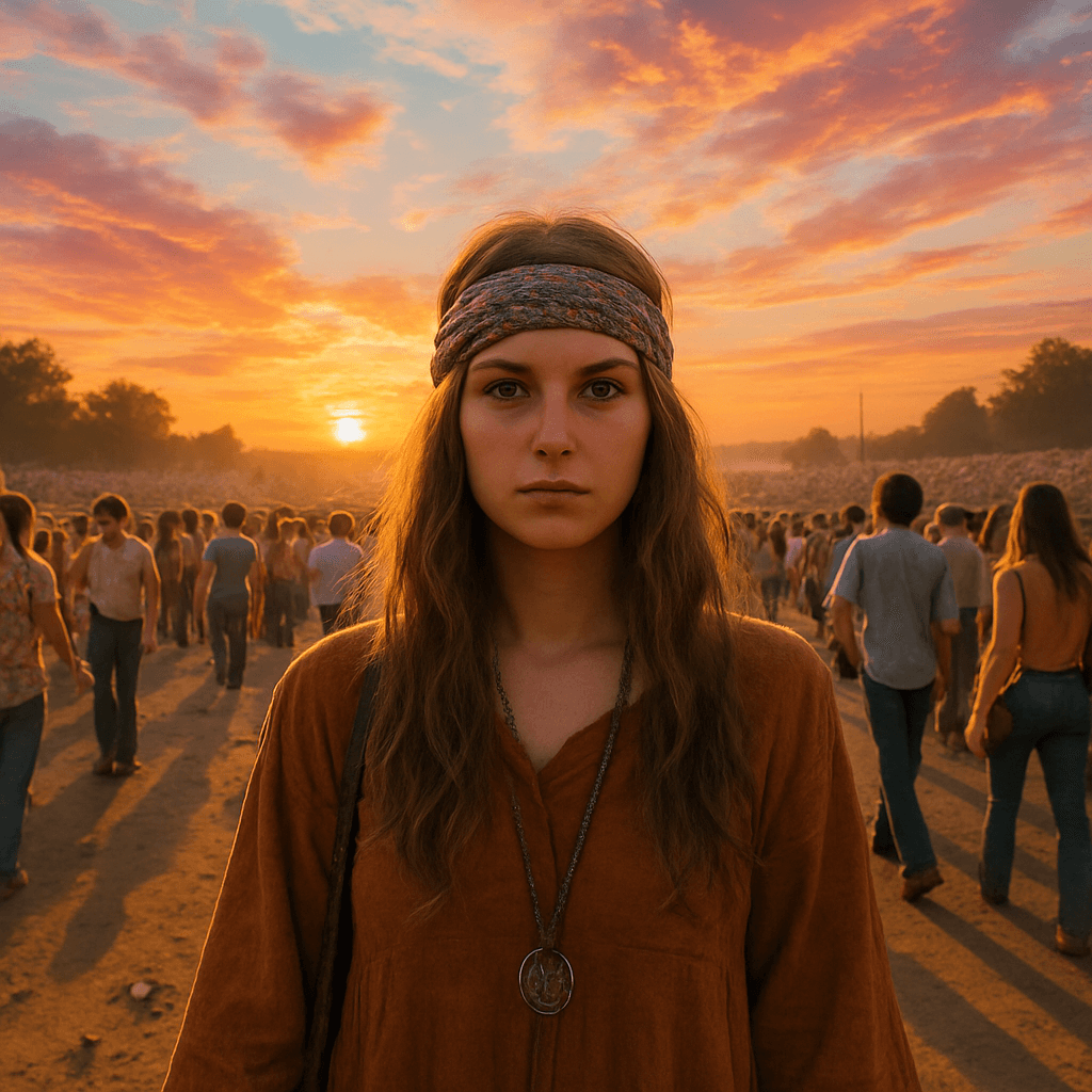 AI generated: In the buzzing heart of Woodstock during August of 1968' enduring under a kaleidoscope sky filled wi...