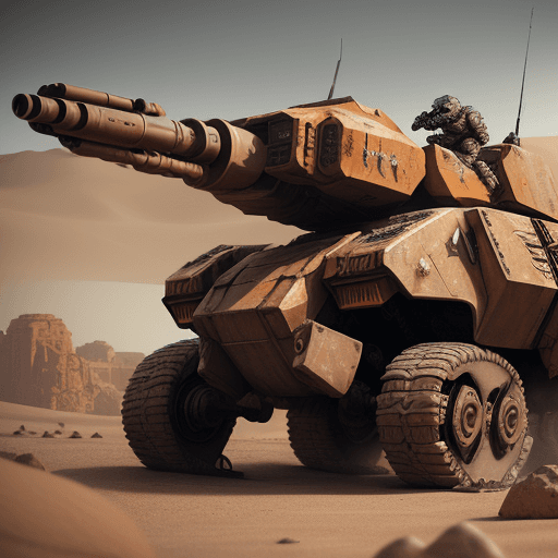 AI generated: mechwarrior with driver same t-rex ,in desert with rocks and stones,machinegun in right hand,t symme...