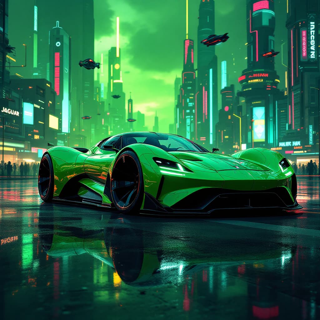 AI generated: Create a highly detailed and vibrant 16:9 aspect ratio image of a futuristic Jaguar F-Type convertib...