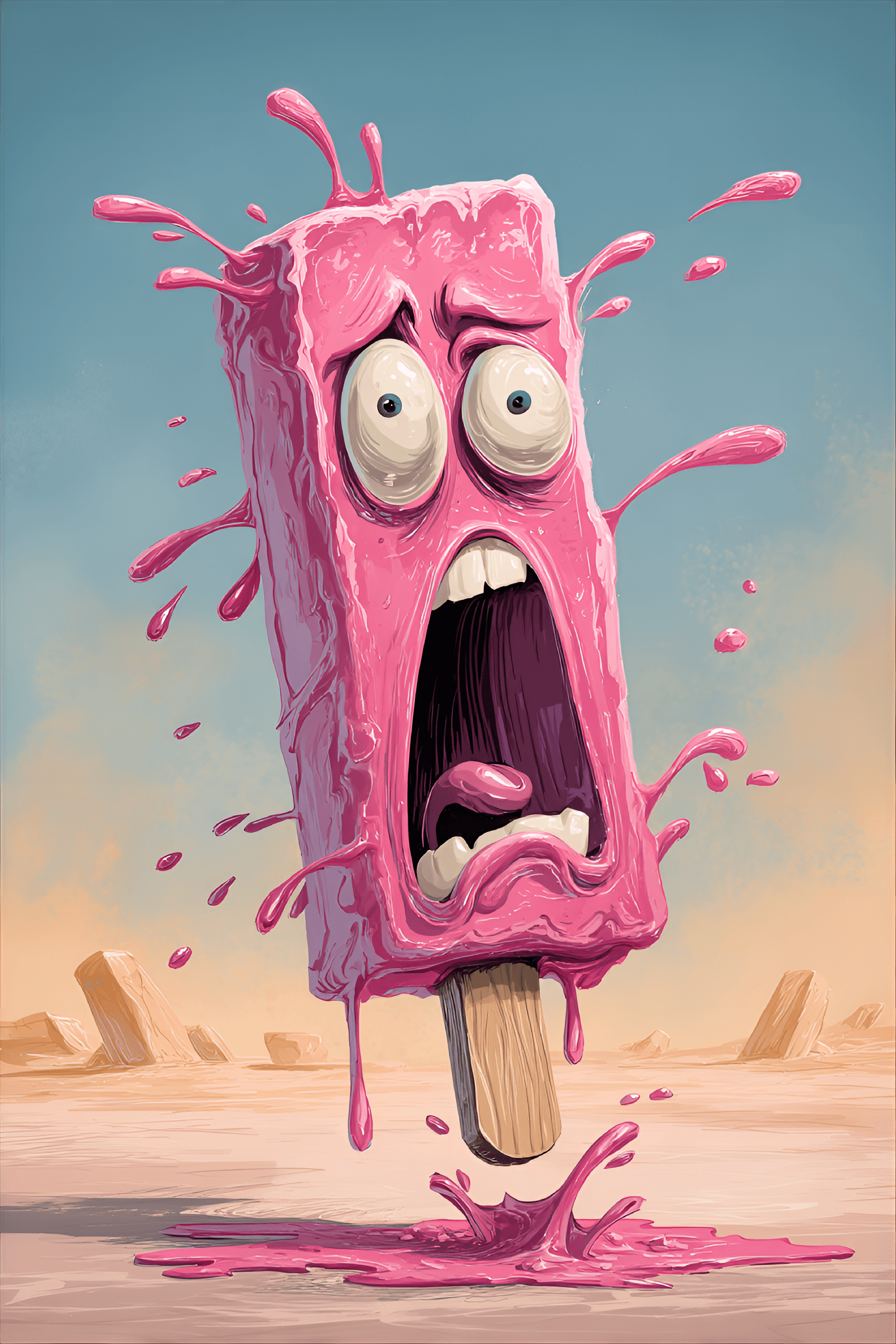 AI generated: funny caricature, anthropomorphic popsicle character, caucasian, ageless, melting, distressed, pink,...