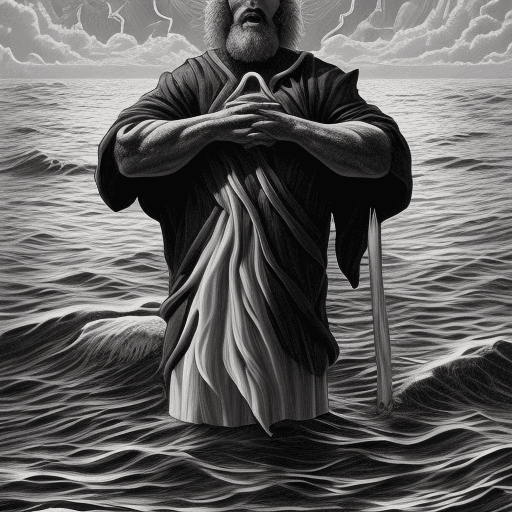 AI generated: A detailed monochromatic black & white vector illustration of Moses dividing  the red sea, full-body...