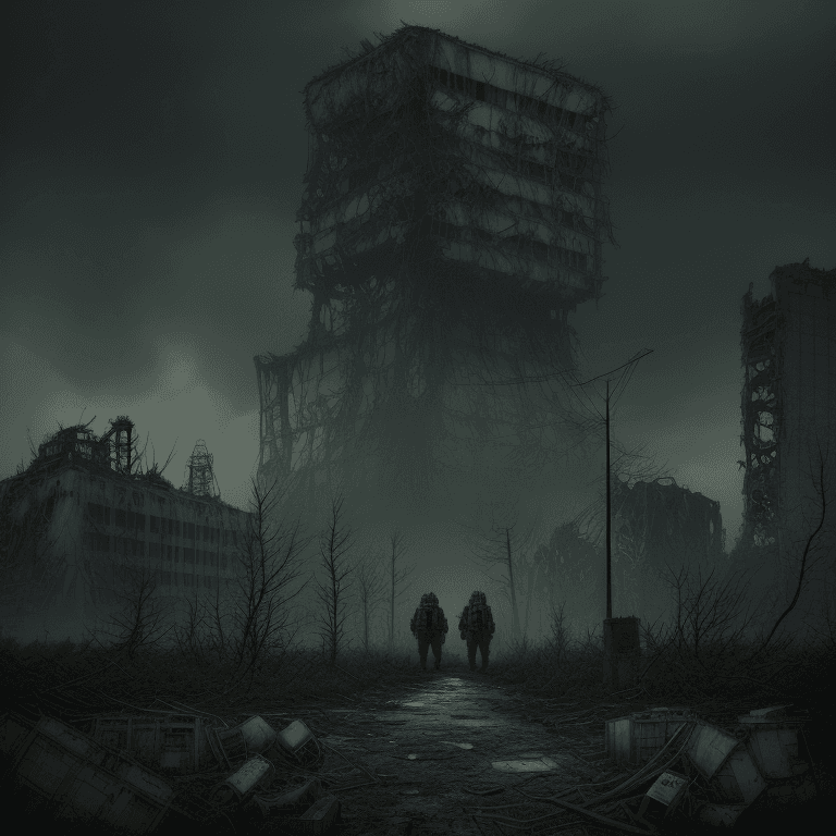 AI generated: movie still, Fukushima Nuclear Power Plant, ruins, mutated creature, collapsed debris, dystopian atm...