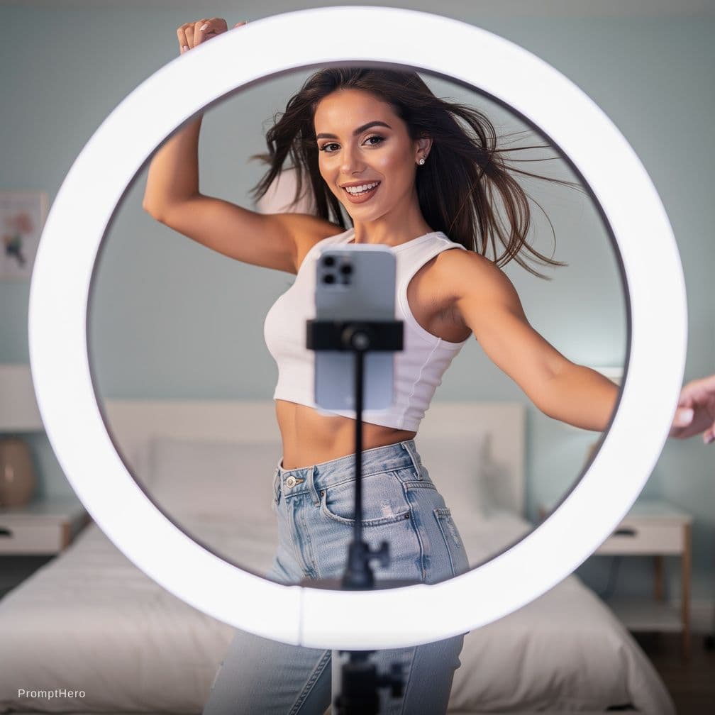 AI generated: the gorgeous model dances in front of a ring light doing sexy tik tok dances 