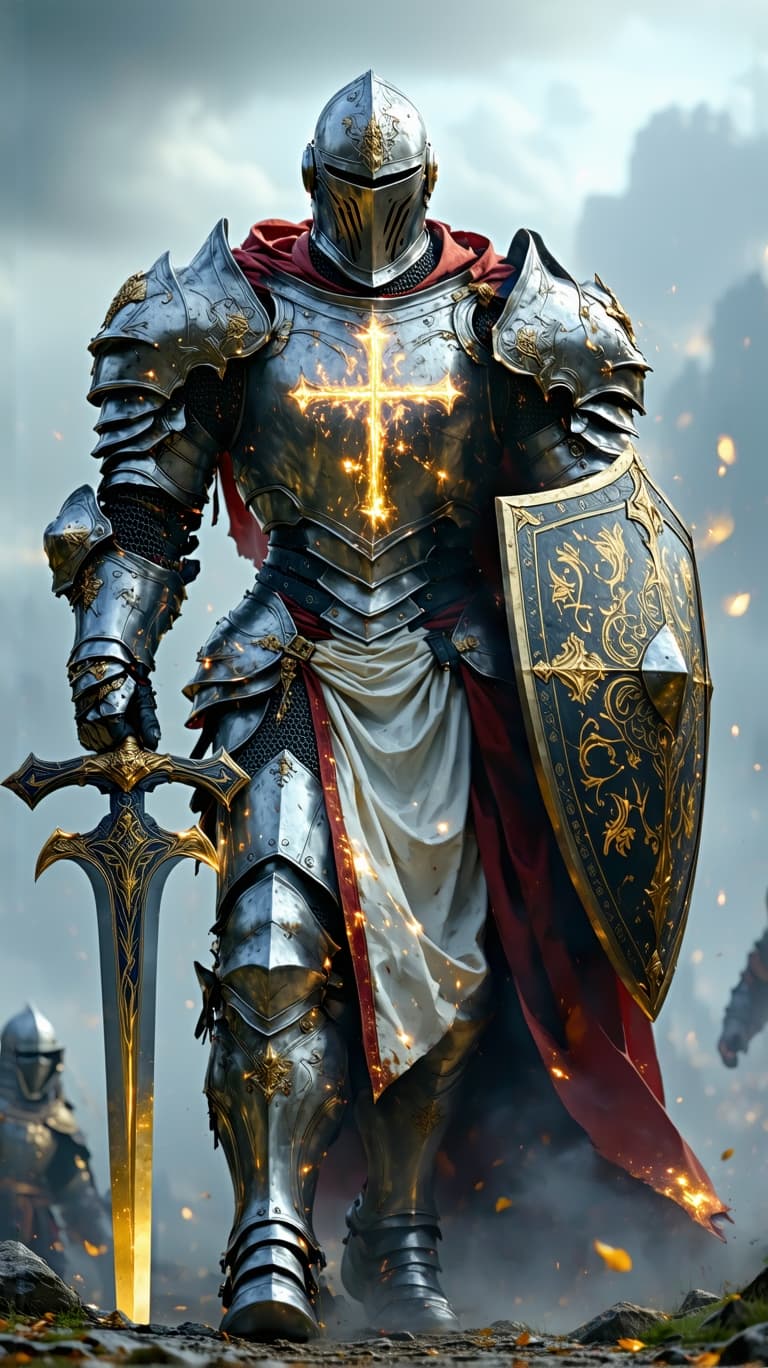 AI generated: An ultra-realistic, wide angle, front facing, full-body portrait of a noble Paladin in gleaming silv...