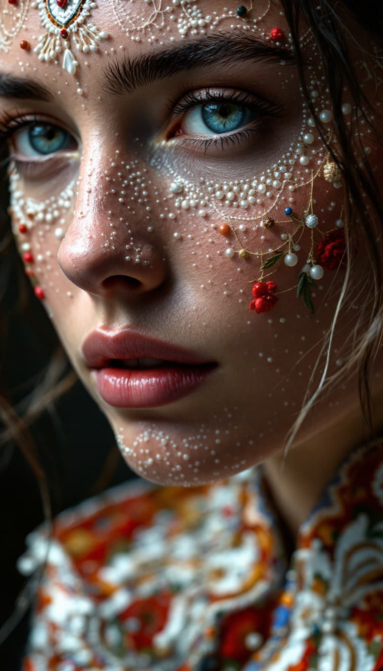 AI generated: the whole face, shoulders and chest are pierced with openwork threads in the style of Ukrainian nati...