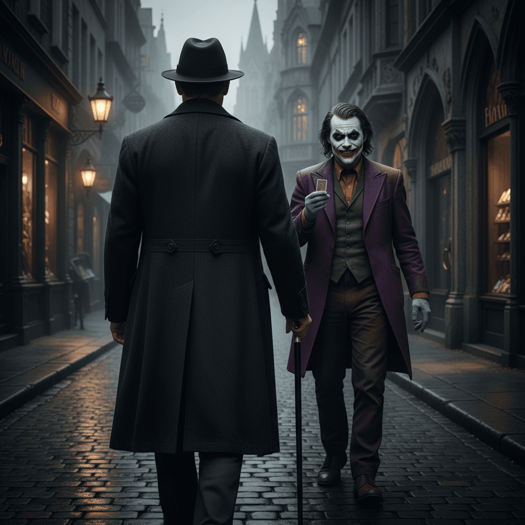 AI generated: a man in a jacket coat and his walking down a street behind him the joker is smiling 
