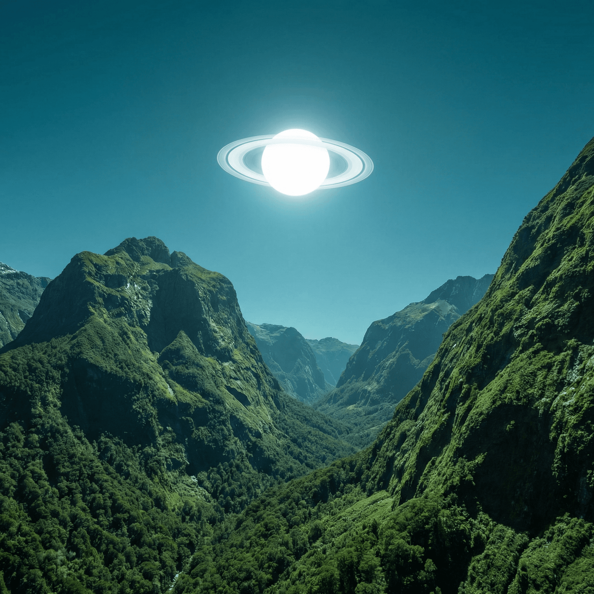 AI generated: a scenic landscape with valleys and really tall mountains covered in lush green but the sky has a mo...