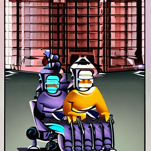 AI generated: Realistic image,a fat couple sits in wheelchairs, aided by two big powerful robots during their meal...