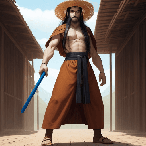 AI generated: Make a battle Monk. 1.95 meters tall. He has blue eyes. Make the image realistc. He has no beard but...