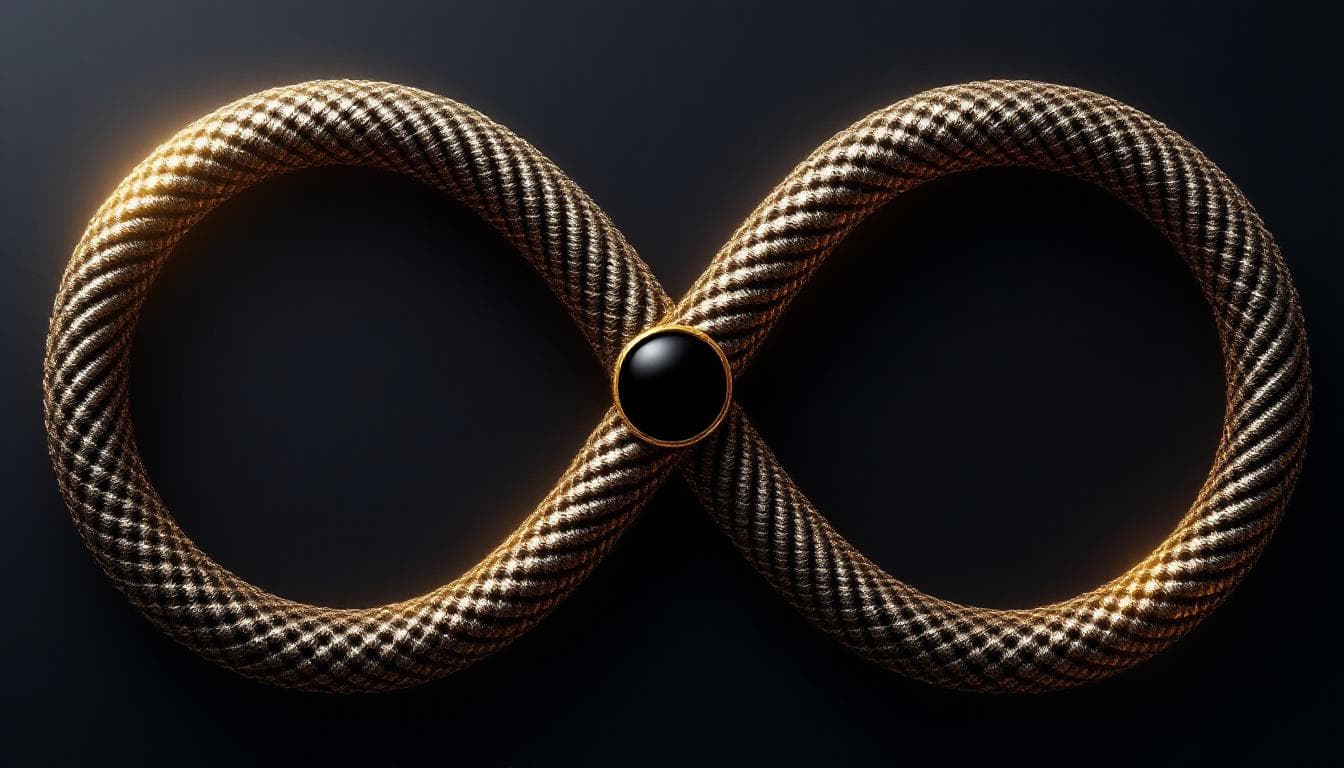 AI generated: Create a high-detail cosmic glyph. Two infinity symbols intertwined to form a perfect plus-sign. Eac...