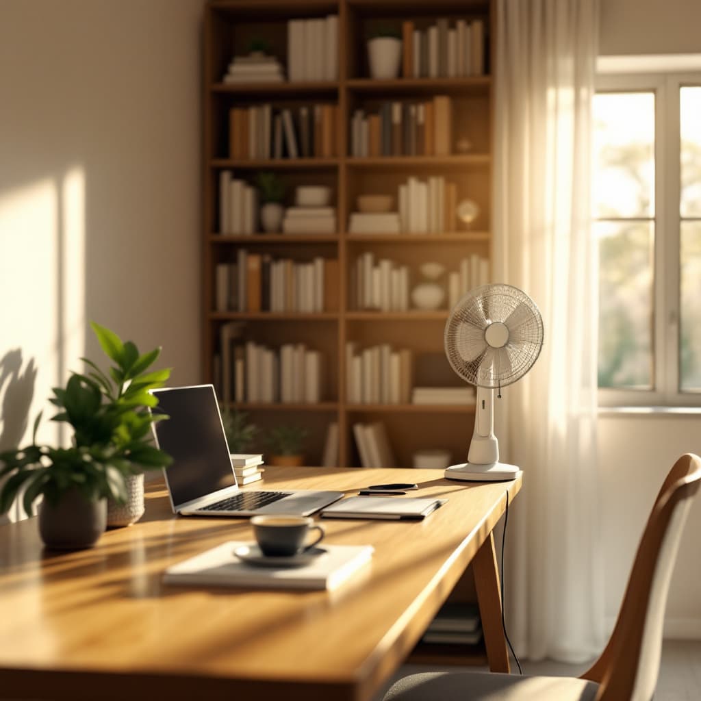 AI generated: Create an image of a peaceful and comfortable study room. The room features a sleek wooden desk with...