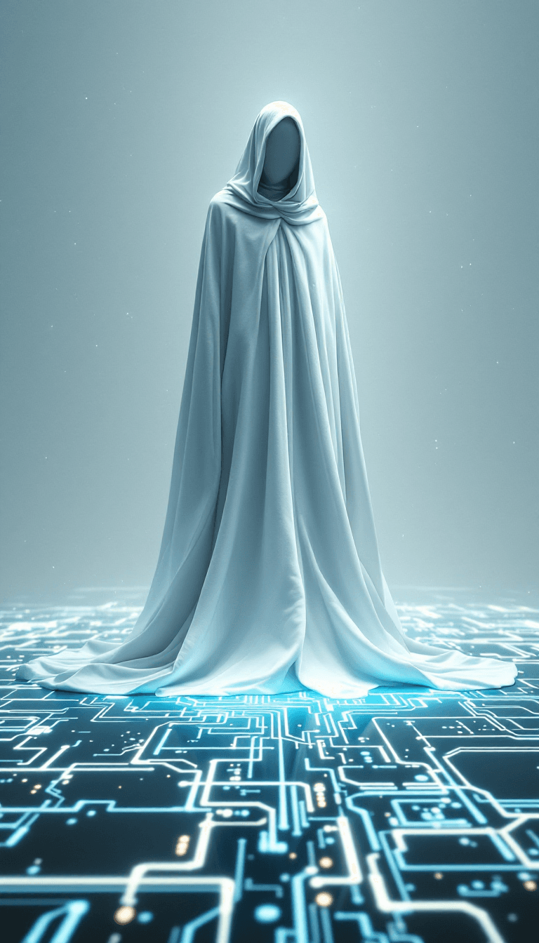 AI generated: This is a hyper-realistic, unsettling photograph of a spectral, all-knowing figure standing on a vas...