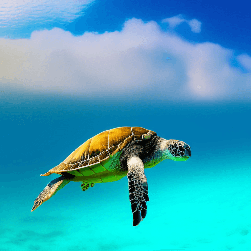 AI generated: submerge photo of ocean, sea turtle from front, swimming, island with palm trees above background, c...