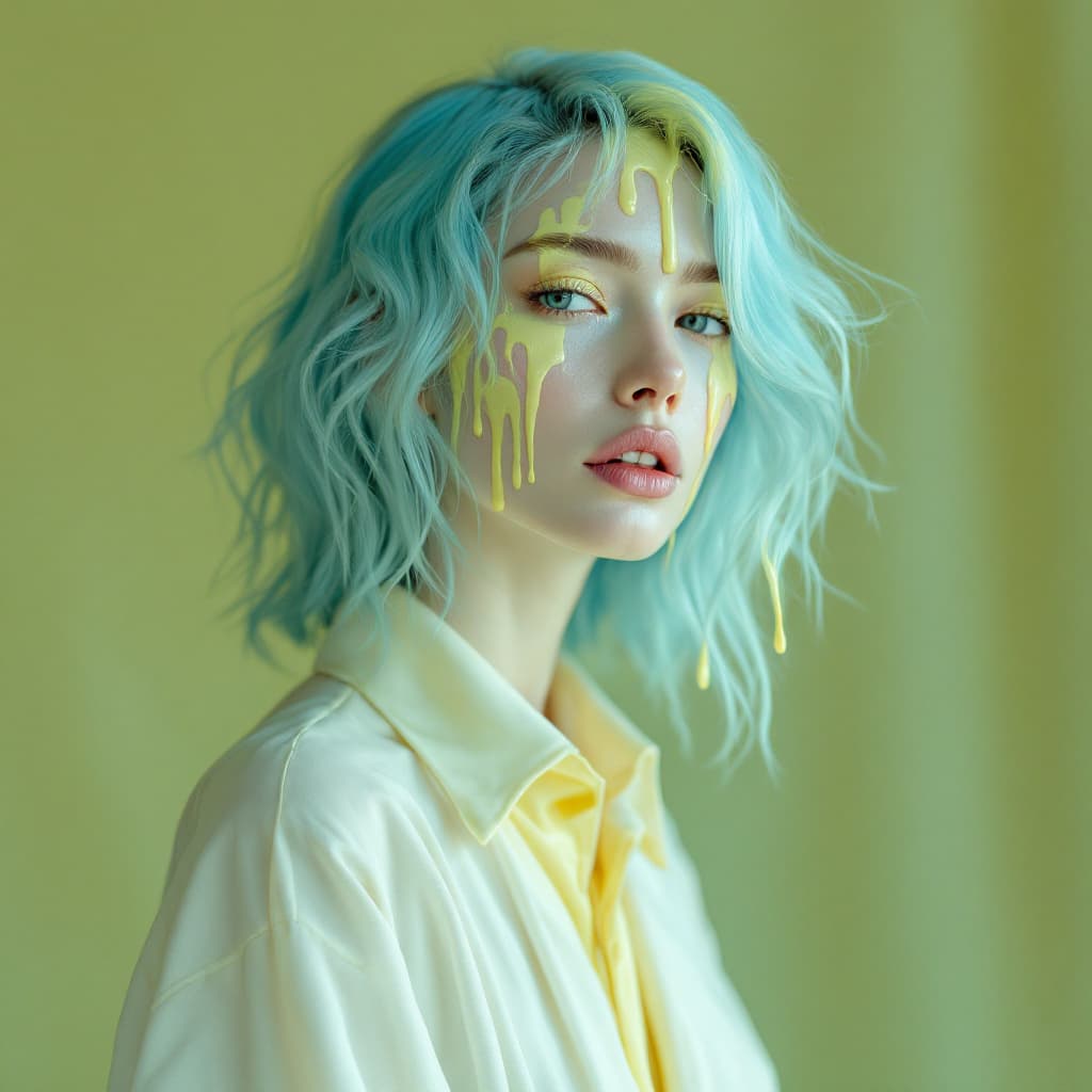 AI generated: creative photoshoot of supermodel with light blue hair in an oversized white dress, pastel yellow an...
