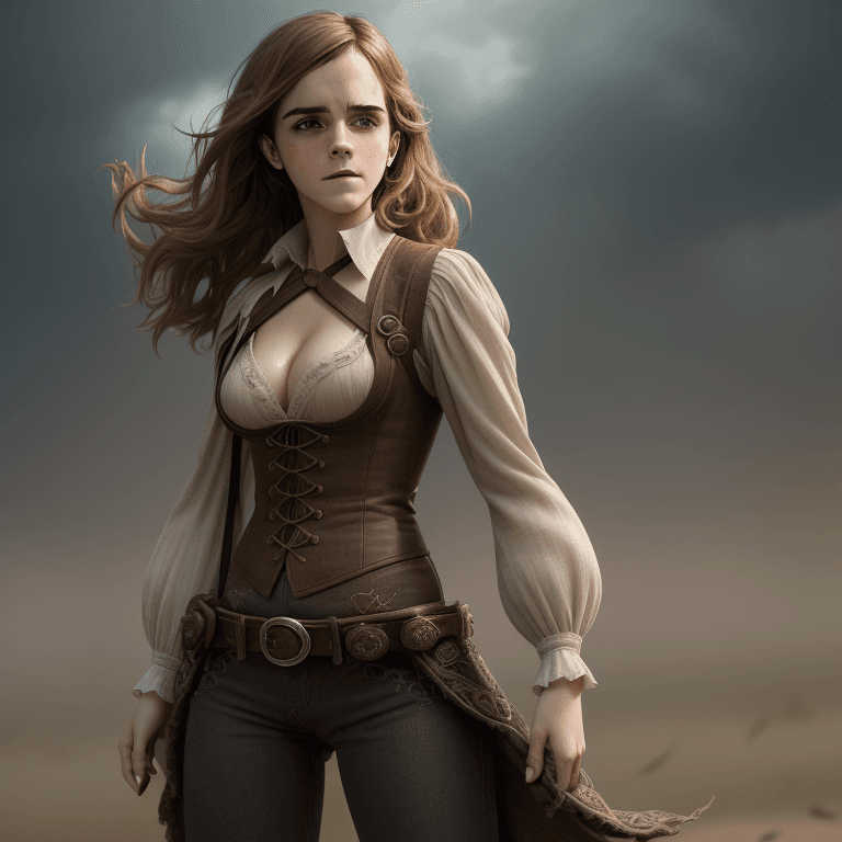 AI generated: ((Busty)) Emma Watson, Cowboy, Long flowing wild hair, high quality, highres, absurdres, masterpiece...