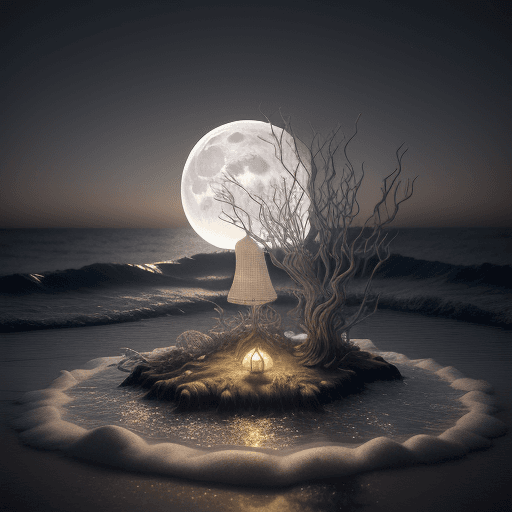 AI generated: A hauntingly beautiful conceptual art piece depicts a serene nocturnal fantasy on a seashore. The fu...