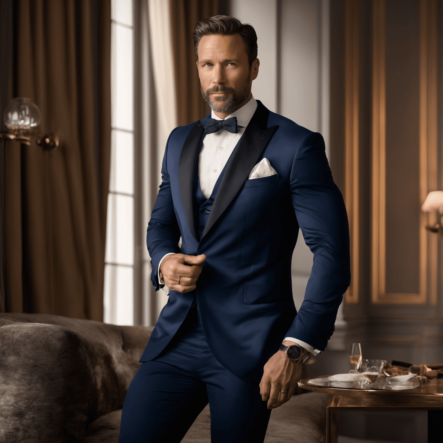 AI generated: A dashing 42-year-old with refined features and a sophisticated demeanor poses against a timeless ba...