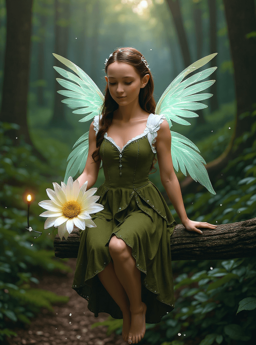 AI generated: Whimsical, Art Nouveau-inspired sculpture of a fairy perched on a blooming flower, photorealistic, h...