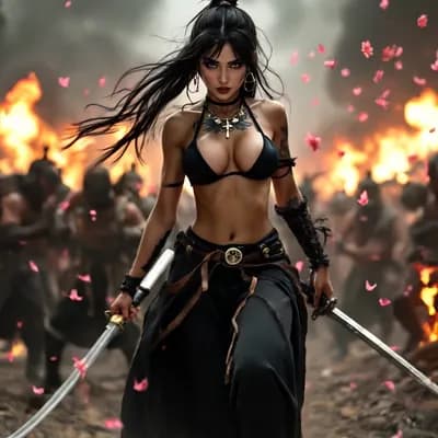 AI generated video: the girl walks towards the camera while behind her the battle rages, fires burn and petals fall.