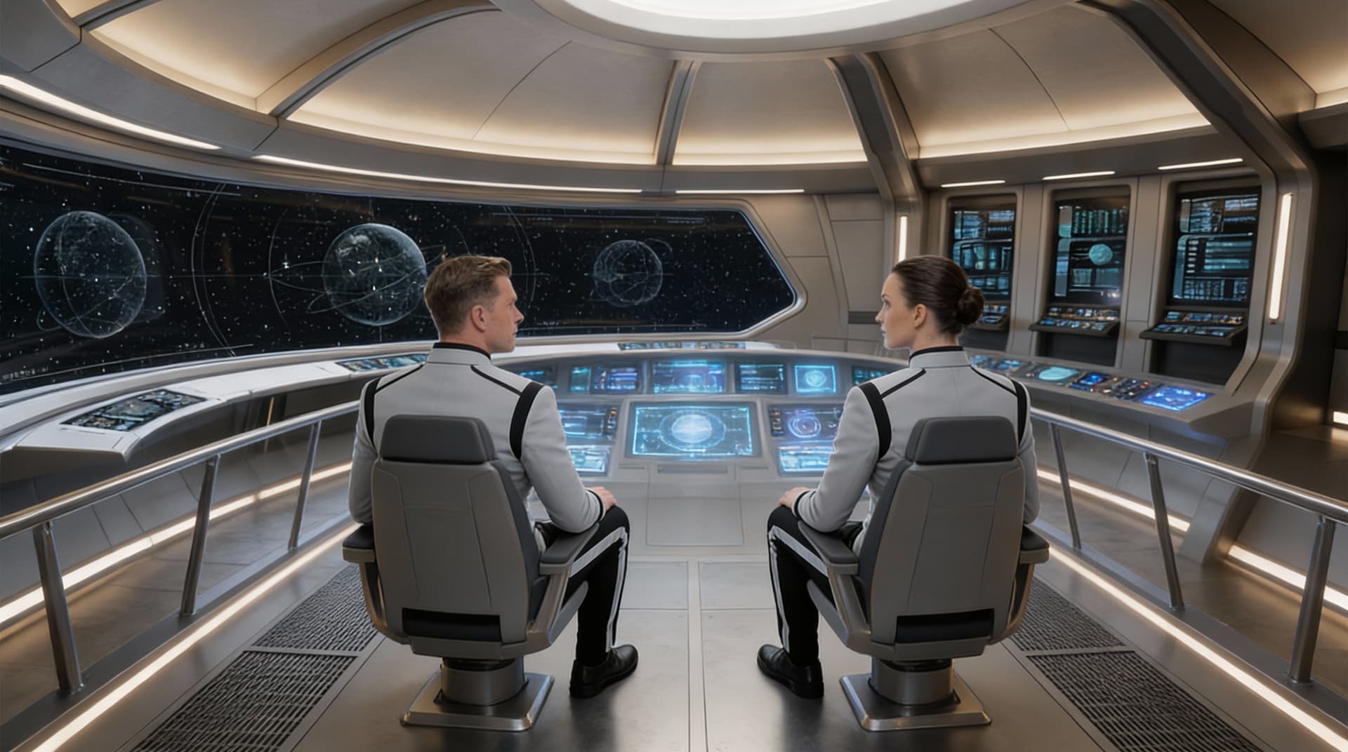 AI generated: 
Create a Sci-Fi scene. Place the two characters in Reference image 2 in the two forward chairs on t...