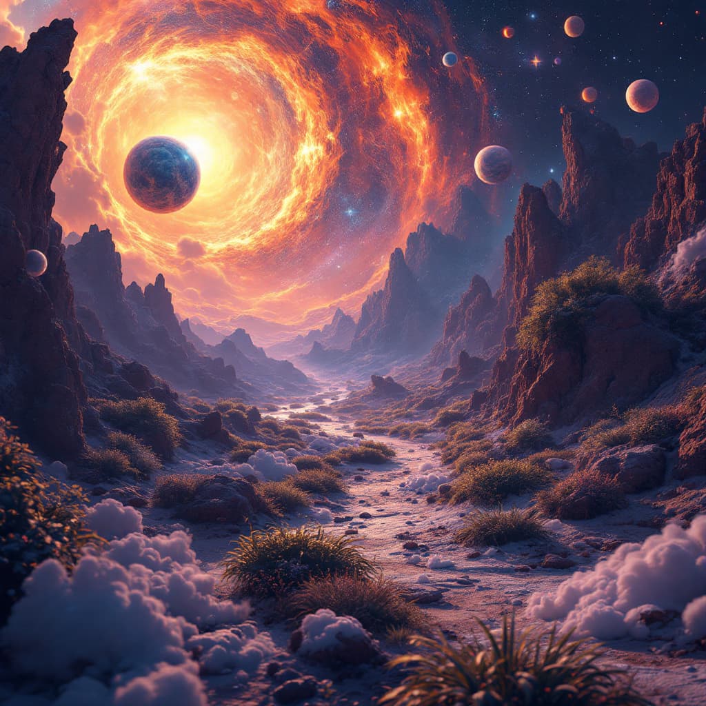 AI generated: a 3d ultra-high resolution image for a landscape site header, my site is "Cosmic Life Search and teh...