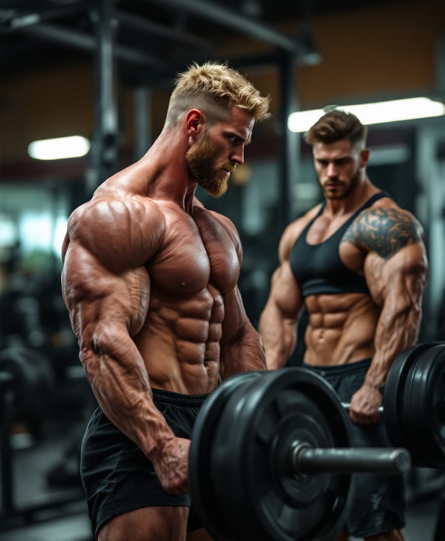 AI generated: high-resolution photo of two men lifting weights, two extremely muscular, handsome young man, one wi...