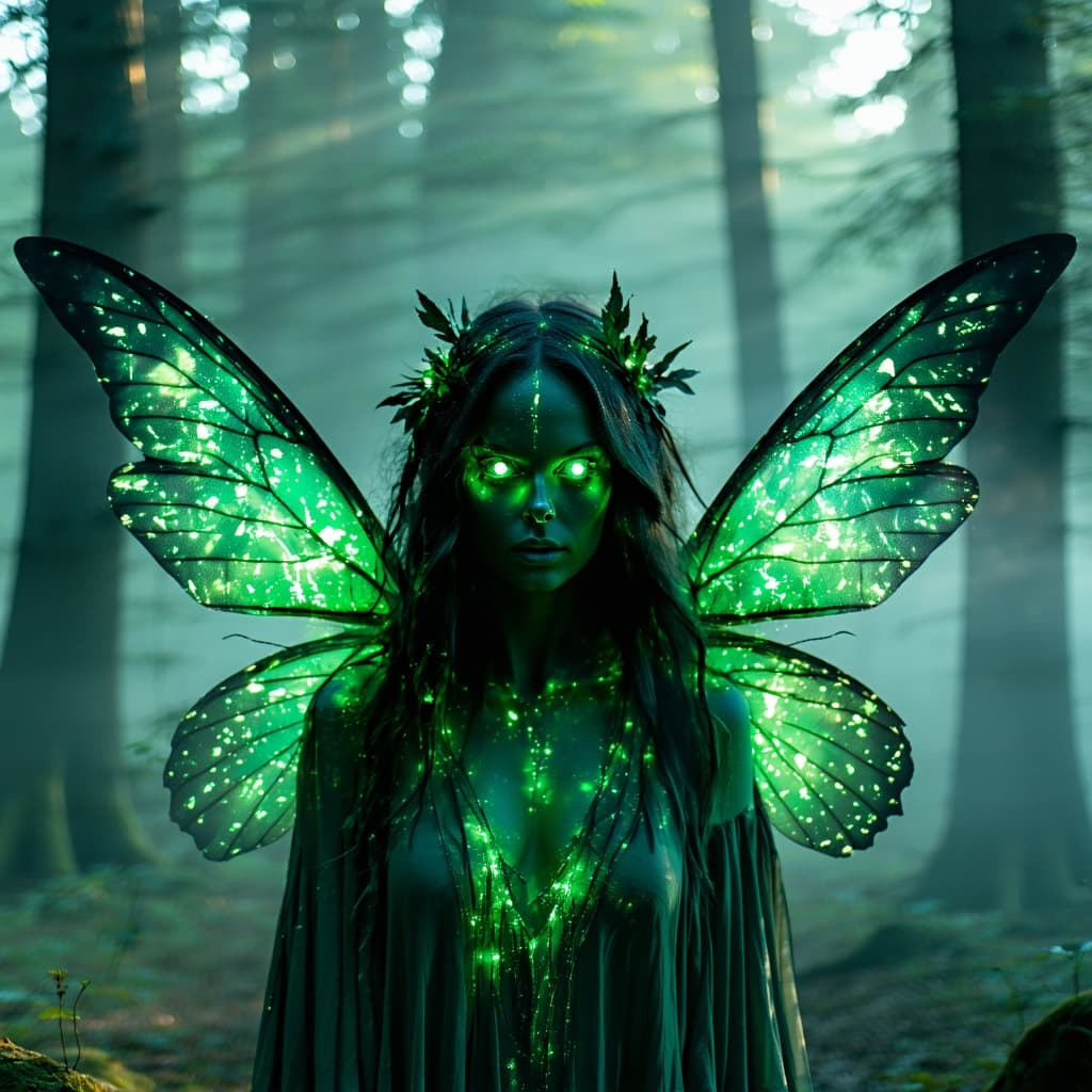 AI generated: Fée maléfique effrayante avec des ailes dans les bois, yeux verts terrifiants, brumeux, démoniaque, ...