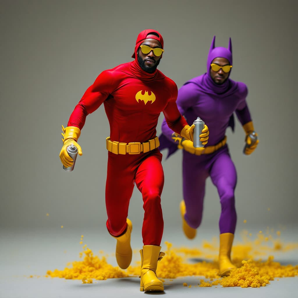 AI generated: Hyper real A BLACKMAN IN A RED SPANDEX SUIT, WITH YELLOW GLOVES AND BOOTS , SUNGLASSES AND RED BACKW...